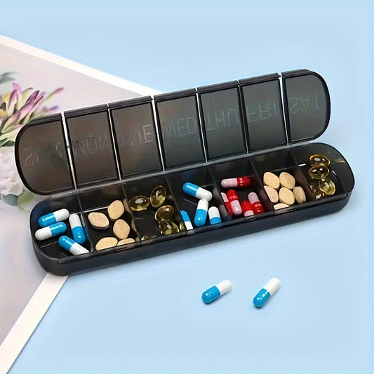 Large weekly pill organizer with 7 compartments for vitamins and fish oil, in a travel-friendly case.