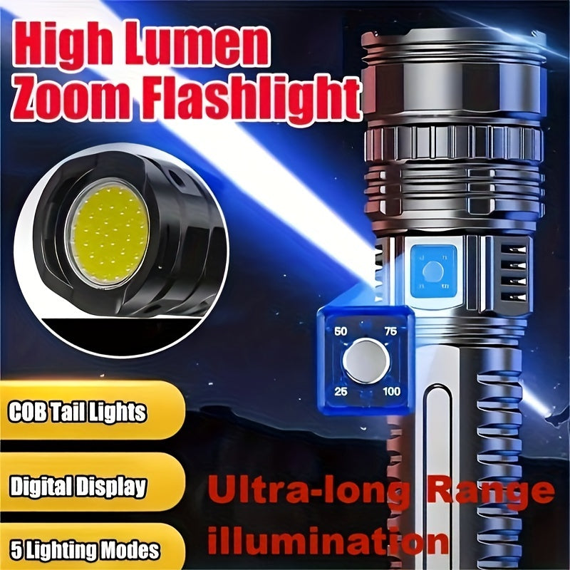 Rechargeable LED flashlight with built-in battery and COB tail light for indoor and outdoor use.