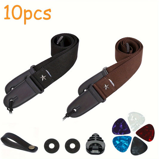 10 Adjustable Guitar Straps with Pick Holder, Star Shoulder Straps, Leather Ends - Includes 5 Picks, 1 Hold, and 2 Washers