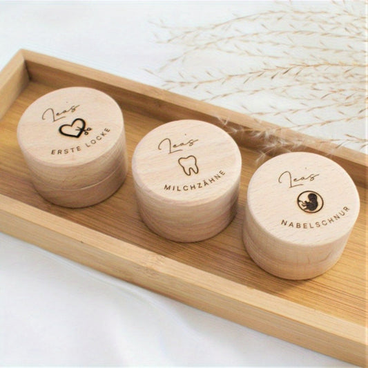 1 piece of a personalized engraved wooden box for keeping first hair, umbilical cord, and milk tooth keepsakes, contains 3 pieces.