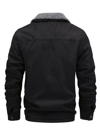 Men's Winter faux sueded jacket with fur collar, thick fleece lining, zipper closure, long sleeves, and plush comfort.