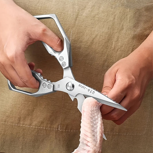 This durable stainless steel kitchen scissor is tough enough to cut through chicken, duck, and fish bones with ease. Its sharp blades make it perfect for cutting chicken, poultry, fish, and meat in the kitchen.