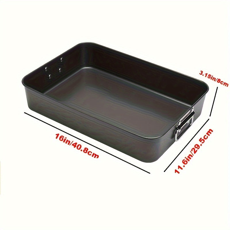 Non-stick roasting pan with handles measuring 38.1x25.4 cm, this heavy-duty square baker is PFOA/Lead/Cadmium free. The oven-safe rectangular cake pan is perfect for making brownies and lasagna, and can be used without power.