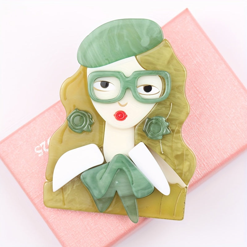 Chic and Simple Acrylic Girl with Glasses Brooch - A Touch of Quirky Elegance for Your Dresses, Sweaters, and Coats