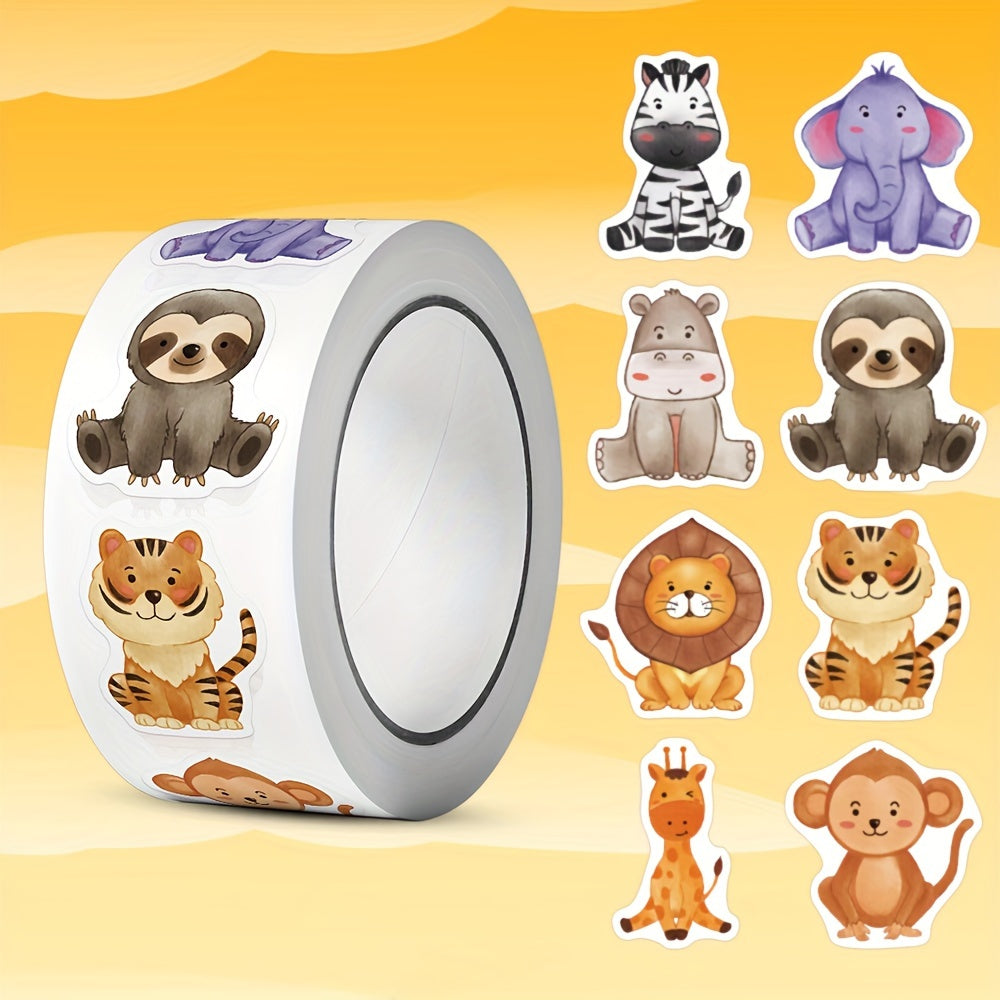 Roll of 500 whimsical animal stickers for party decor, envelope sealing, and gift wrapping. Glossy, irregular shapes featuring sloths, zebras, elephants, and more. Cute design.