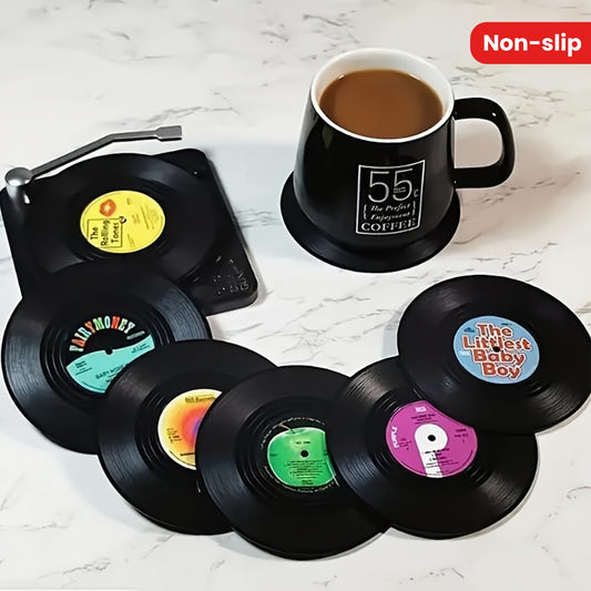 Set of 6 vinyl record coasters, retro American rock CD design, non-slip insulation pads, heat-resistant table mats, room decoration.