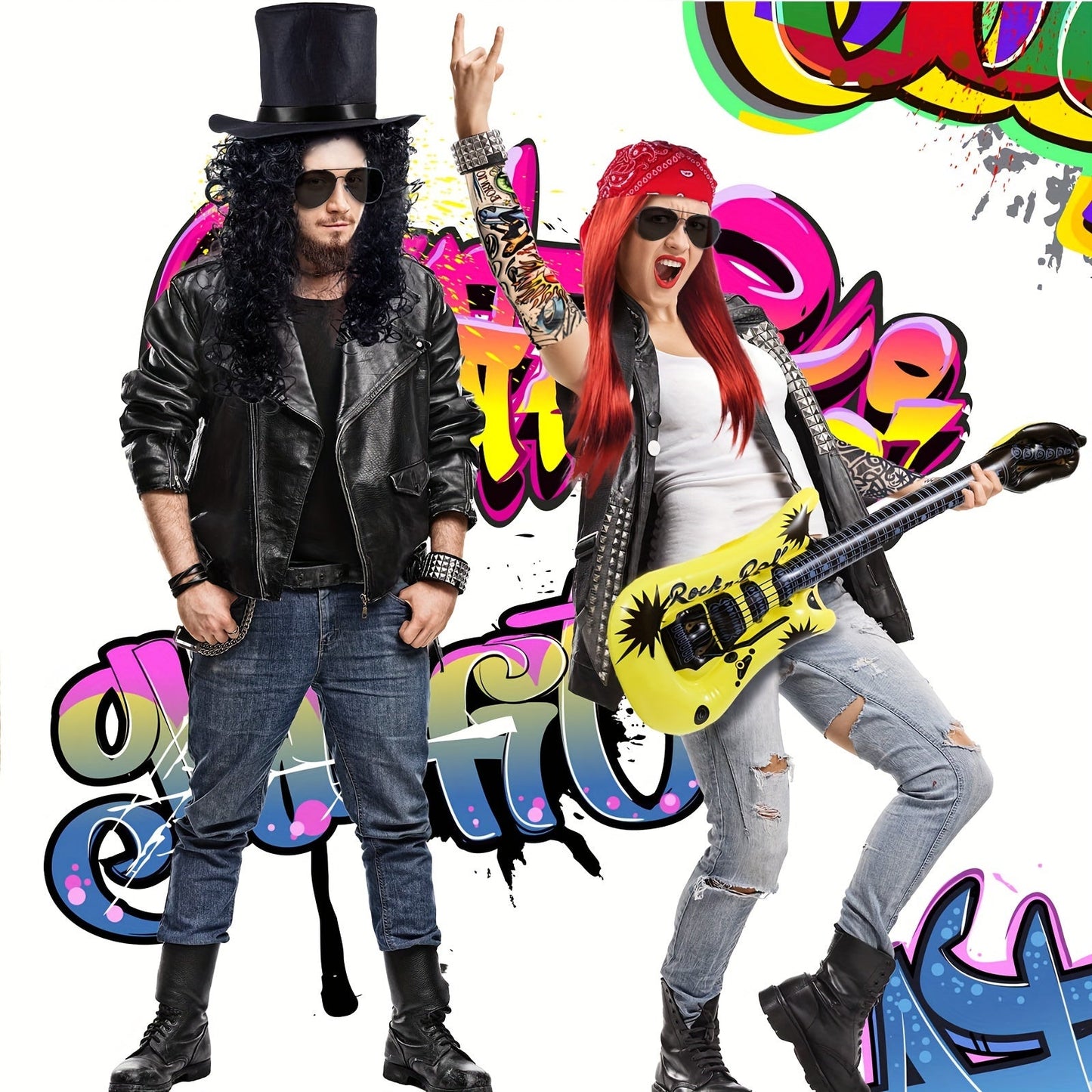 Get ready to rock with this Retro Rocker Costume Set, perfect for both men and women! This set includes 7 pieces that will transform you into a 70s/80s heavy metal hippie. Complete with a wig, bandana, fashion glasses, punk gloves, and tattoo sleeves