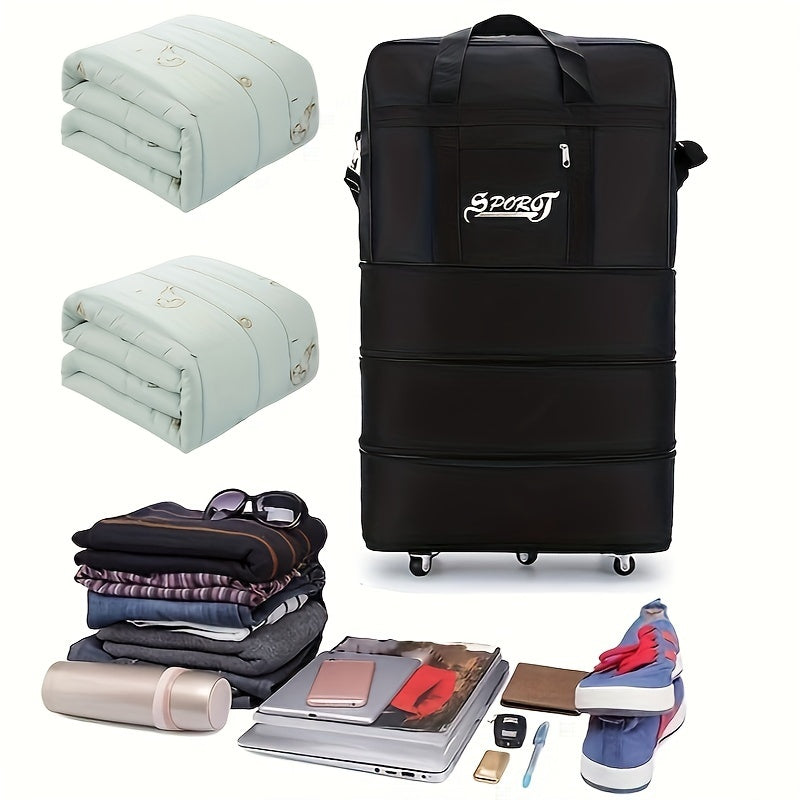 Foldable rolling travel luggage bag made of polyester with large capacity and wheels. Checked duffel bag with multi-tiered storage for men and women, ideal for travel, moving, and camping.