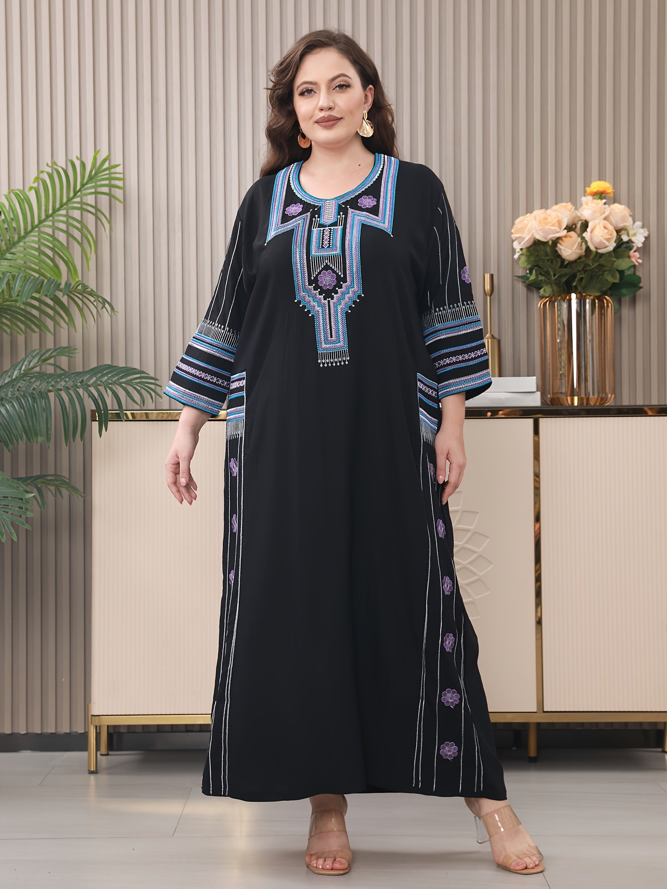 Embroidered kaftan dress in tribal pattern, loose fit, suitable for all seasons, made from polyester blend with rayon and spandex, has three quarter length sleeves and non-stretch woven