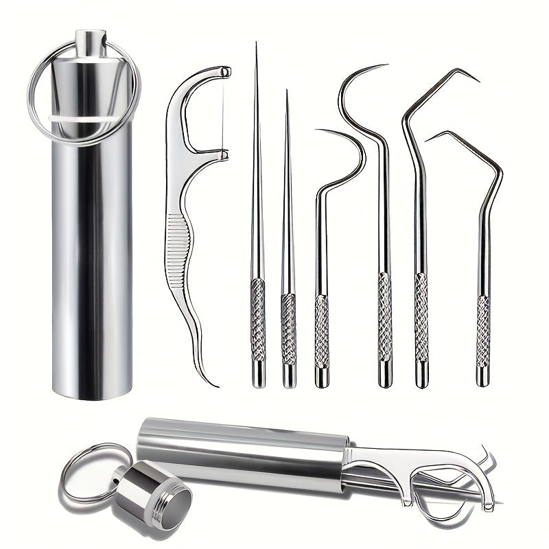 Set of 3/4/7 stainless steel toothpicks for dental cleaning and stain removal. Includes portable metal floss and interdental cleaning gadgets for home, outdoor, and travel use. Perfect for