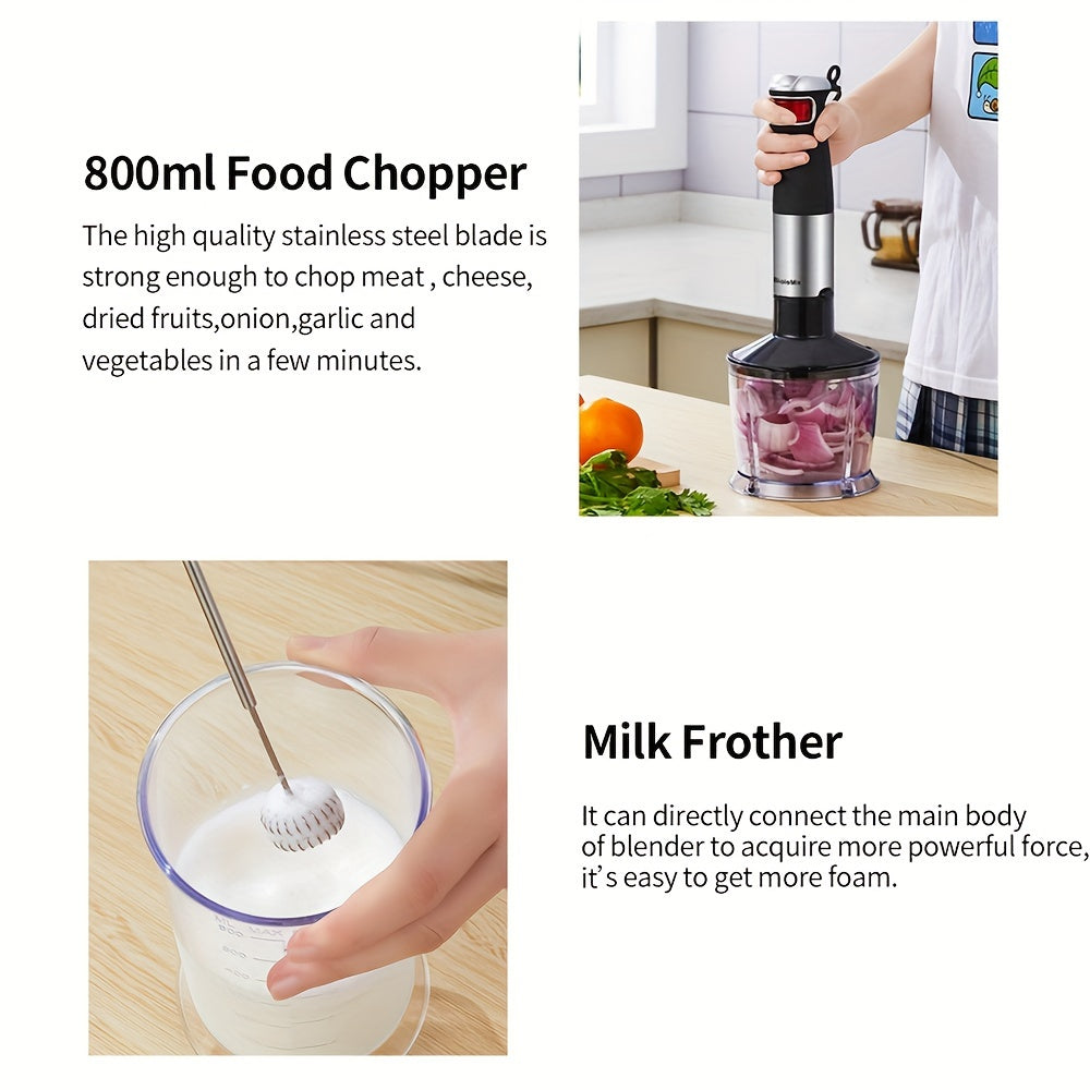 BioloMix 5-in-1 Immersion Hand Blender Set with 1200W motor, includes food processor, chopper, meat grinder, whisk, and milk frother. Comes with 600ml measuring cup, 800ml chopping bowl