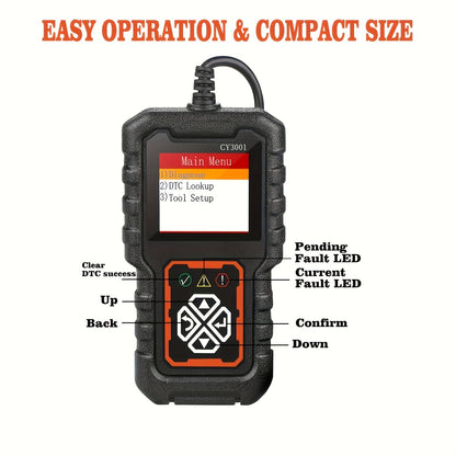 3001 Advanced OBD2 Scanner - USB-Powered with O2 Sensor Support, Lifetime Free Update, for All Vehicles 1996 & Newer, Diagnostic Menu with Code Readiness Indicator.