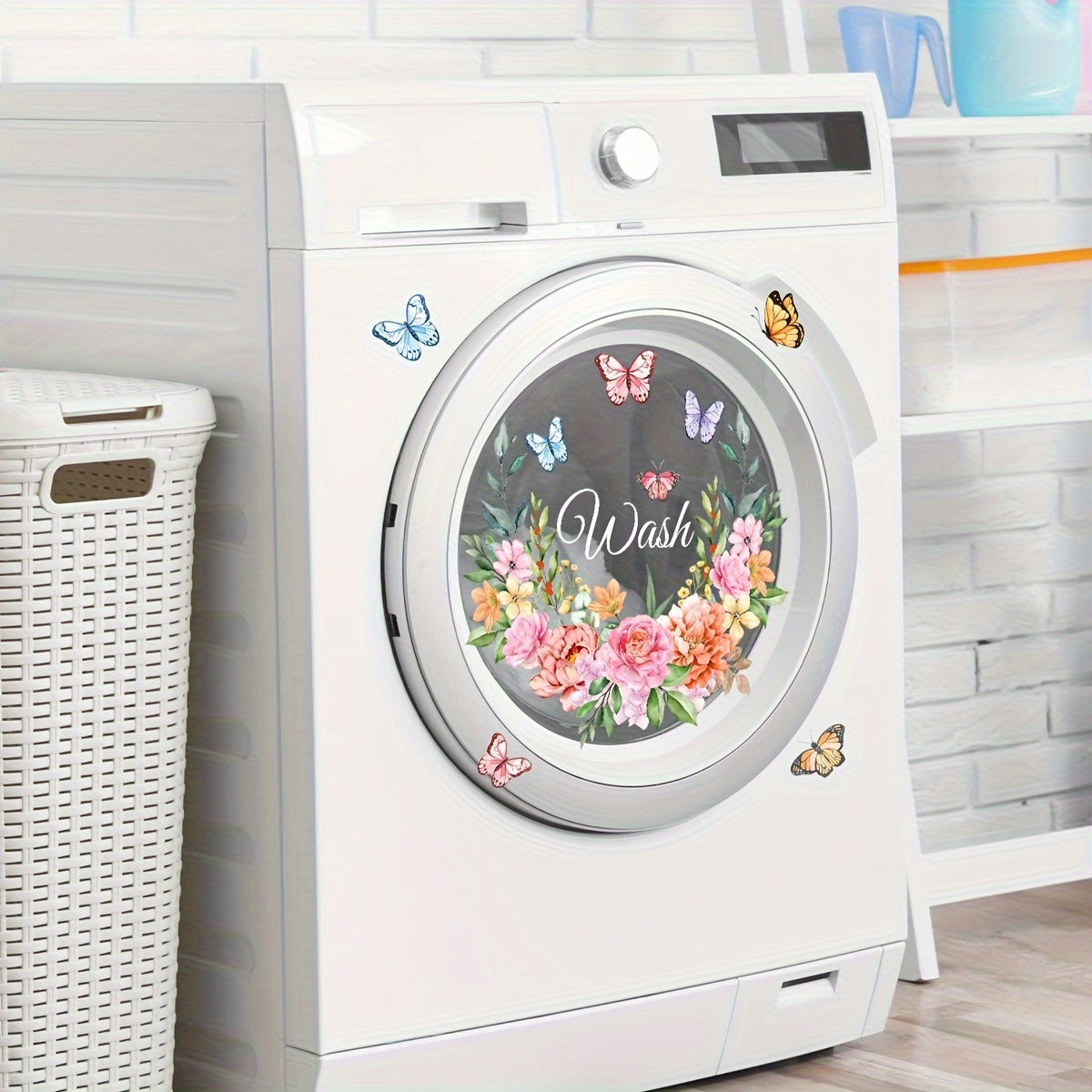 Набор из 2 наклеек Fresh Ring Flower Wash Dry Laundry Room для стиральной машины, декоративные наклейки на окна - 30*30 см, самоклеящиеся, двусторонняя печать - CT9004-YJ