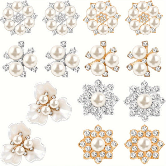 A collection of 14 vintage pearl flower buttons, crystal rhinestone brooches, and elegant pearl cluster pins. Perfect for wedding bouquets, clothing and craft décor. These fashion jewelry pieces are made of plastic and metal, making them ideal for