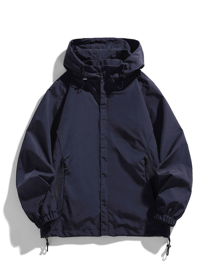 Men's navy blue hooded jacket: trendy zip-up windbreaker made of durable polyester, ideal for spring and fall weather.