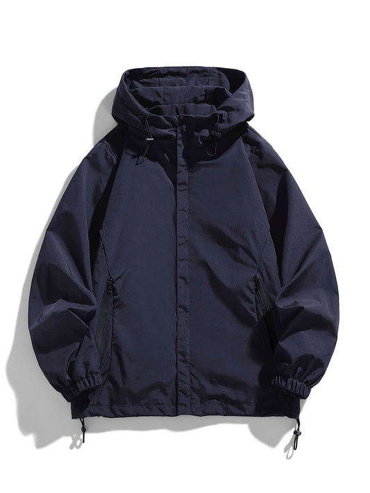 Men's navy blue hooded jacket: trendy zip-up windbreaker made of durable polyester, ideal for spring and fall weather.