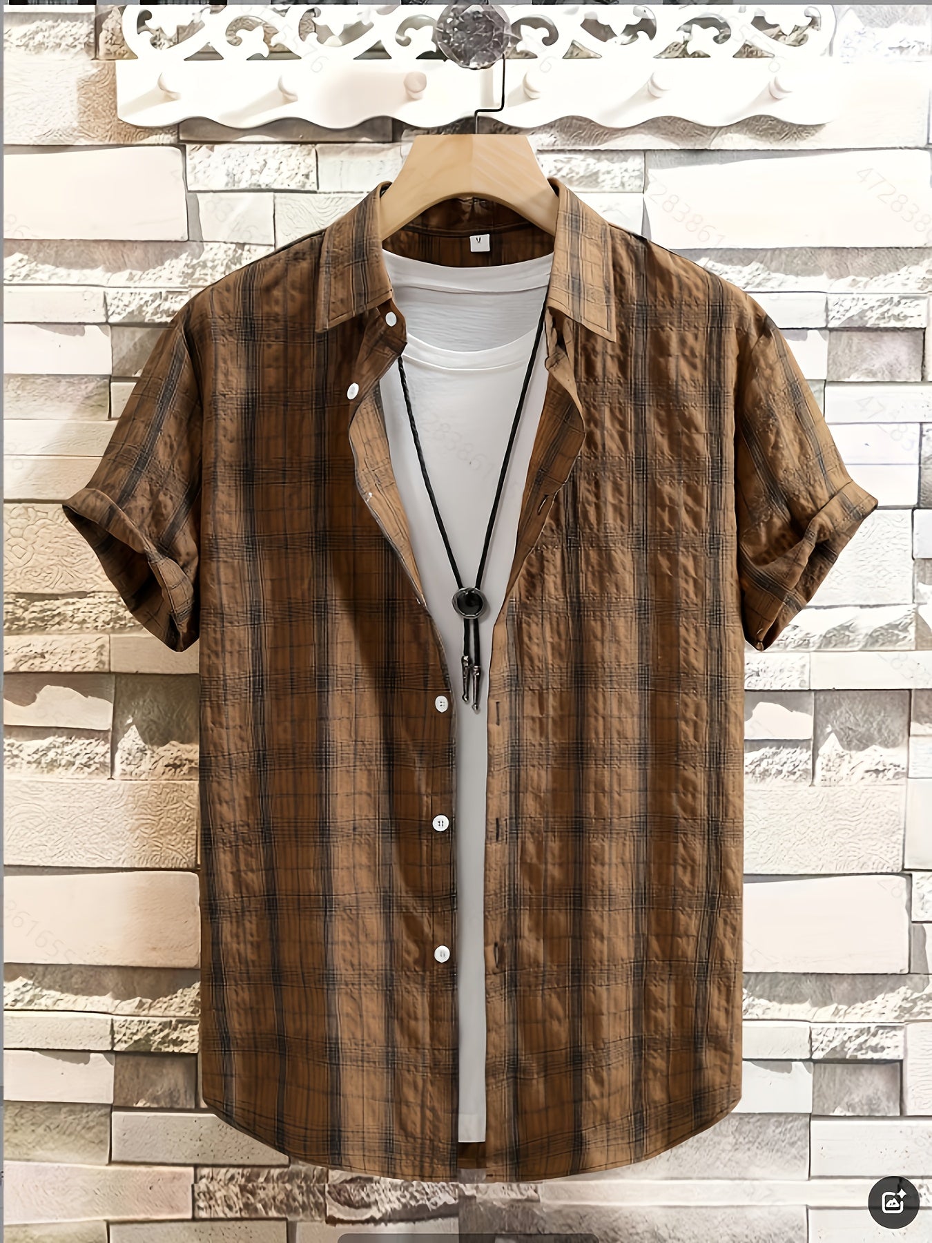 Men's summer casual plaid shirt with short sleeves, lapel collar, and regular fit. Made of 60% polyester, 34% cotton, and 6% rayon non-stretch woven fabric. Suitable for outdoor hiking and