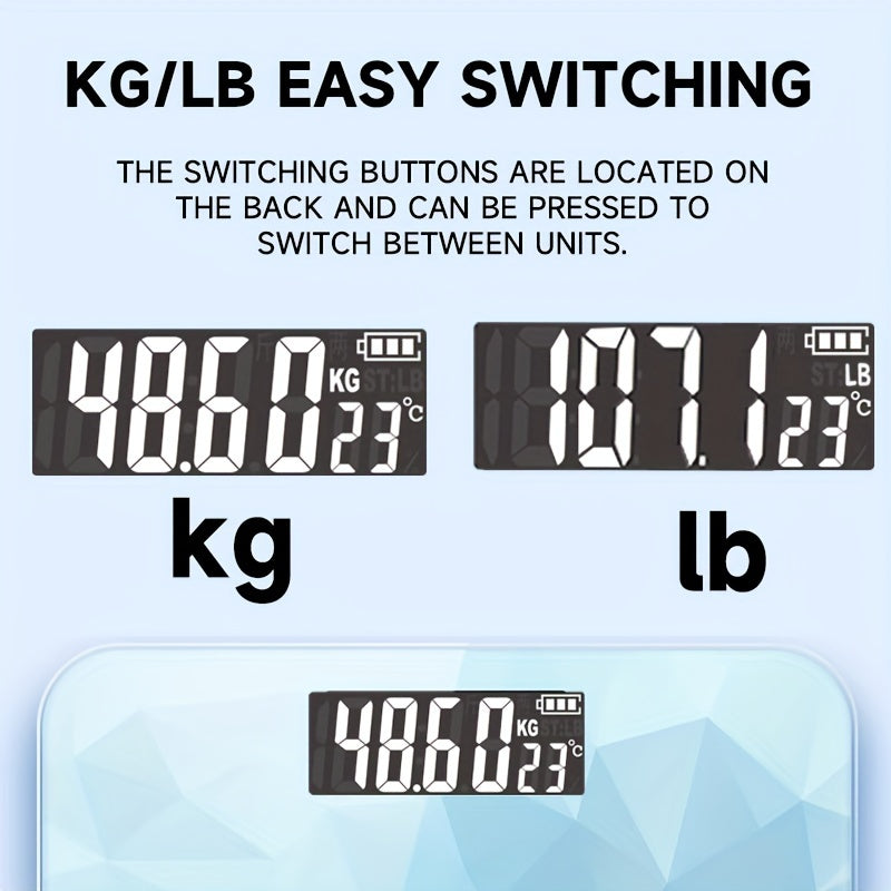 Digital smart bathroom scale with LCD display, high precision weighing up to 400lbs, gradient blue design, battery powered (AAA*2).