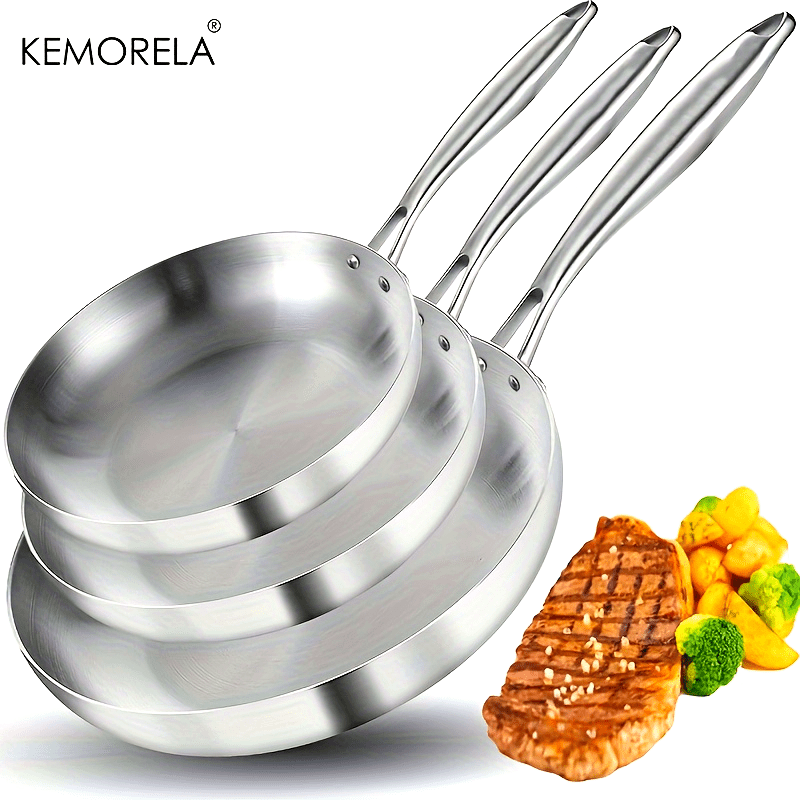 Set of 3 KEMORELA Stainless Steel Frying Pans - Suitable for Gas Stoves & Induction Cookers, Food Grade Omelette Pans with Multifunctional Features. Perfect Kitchen Utensils and Accessories, Gadgets for the Home Kitchen. Shipping By Sea.