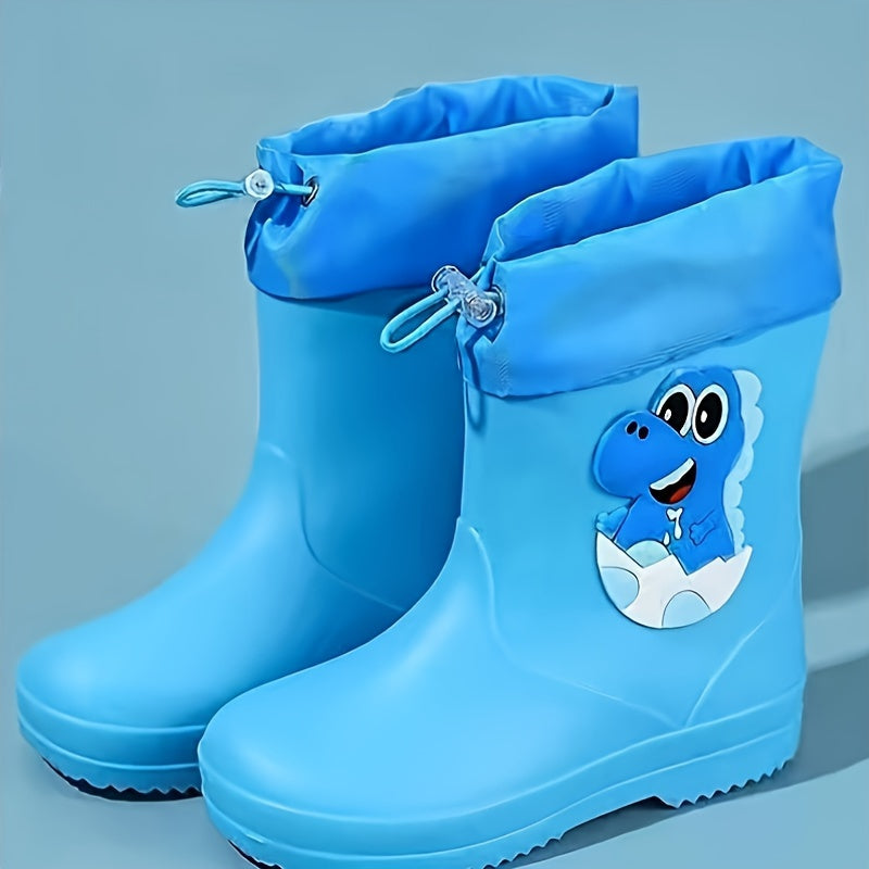 Children's cartoon rain boots, PVC water shoes, long boot style, for boys and girls ages 14 and under, suitable for outdoor school use.