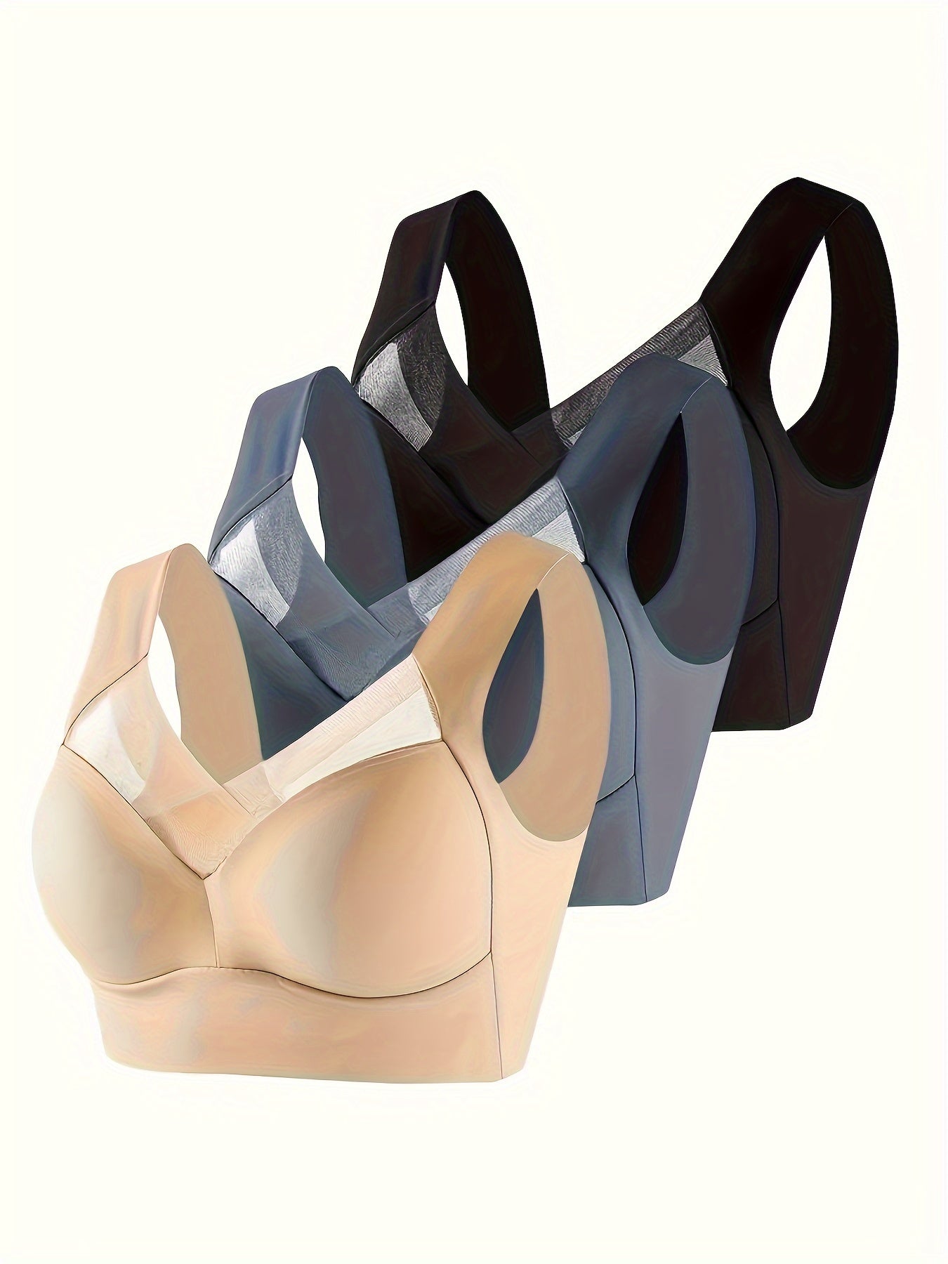 3-piece comfy and breathable wireless mesh bra set, with solid contrast design.