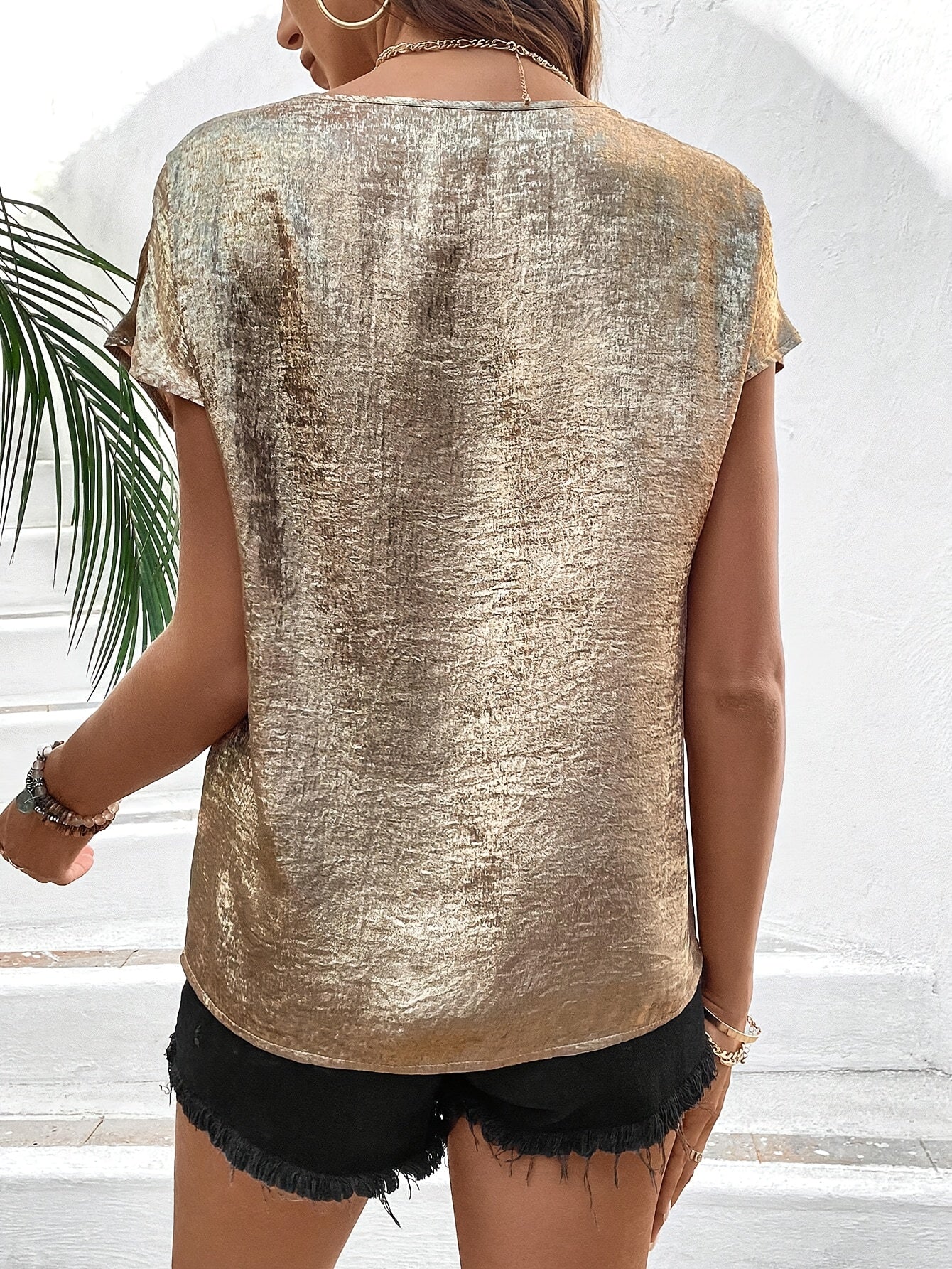 Women's V-Neck Top: Elegant, Short Sleeve, 100% Polyester with Golden Foil Print, Casual Vacation Style, All Seasons, Regular Length, 100g/m² Woven Fabric.