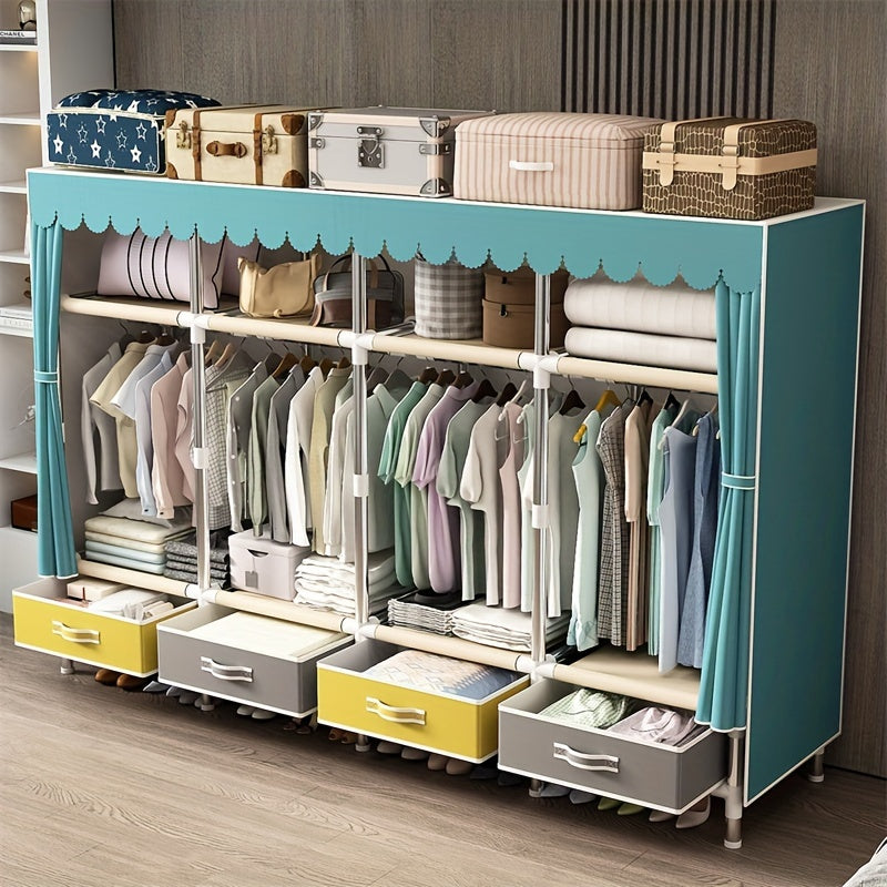 This modern and sturdy wardrobe is perfect for rental housing and dormitories. It features a simple design with 3 storage drawers and 3 hanging clothes poles, making it a durable and practical choice. The steel pipe reinforcement adds extra stability to