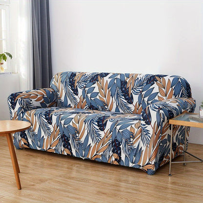 Modern printed sofa slipcover with elastic closure, made of 95% polyester and 5% spandex. Machine washable with active printing and stitched craftsmanship. Fits armchairs to sectional sofas, weighing 100-120gsm fabric.