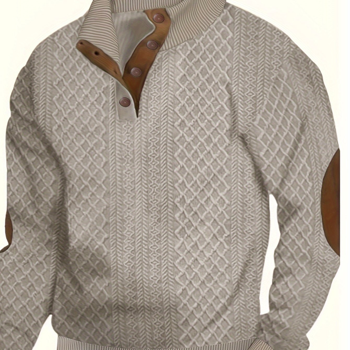 Men's plus size casual cardigan sweater in beige with geometric pattern, button-up front. Perfect for spring and fall. Lightweight and comfortable.