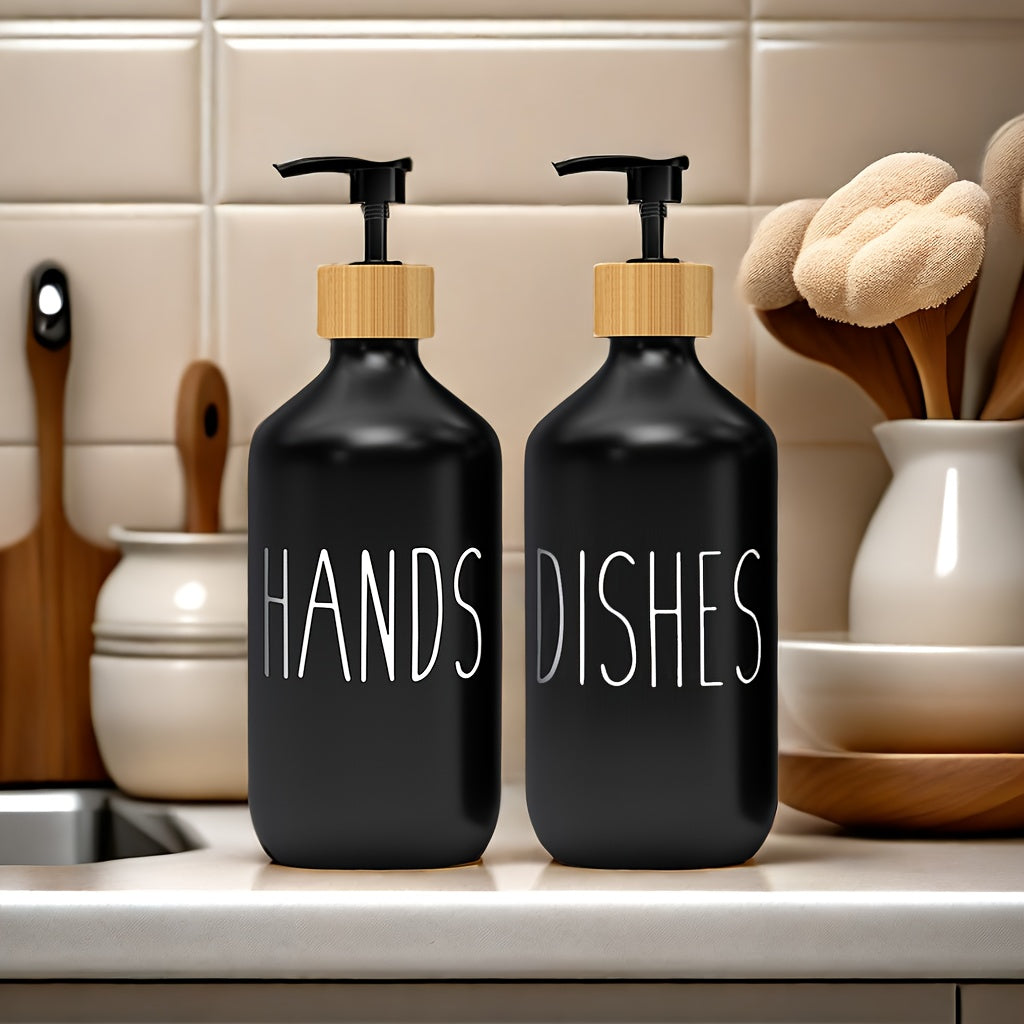 Set of 2 soap dispensers for hand and dish soap, with a countertop lotion bottle for bathroom use.