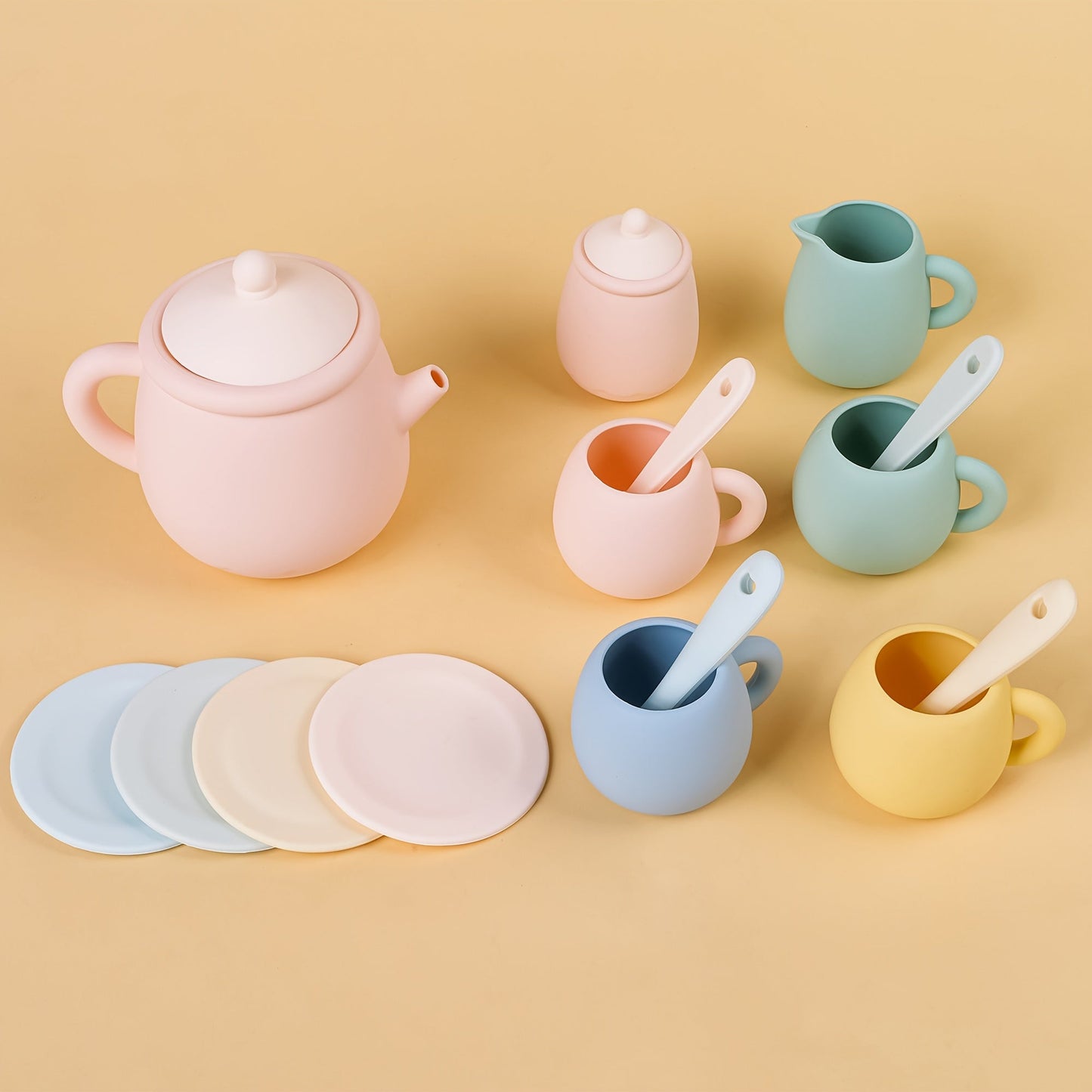 TYRY.HU Silicone Tea Set for Kids - Non-Toxic, Safe, and Long-Lasting Play Kitchen Toy - Ideal Holiday Present in Vibrant Pink, Green, Blue, or Yellow