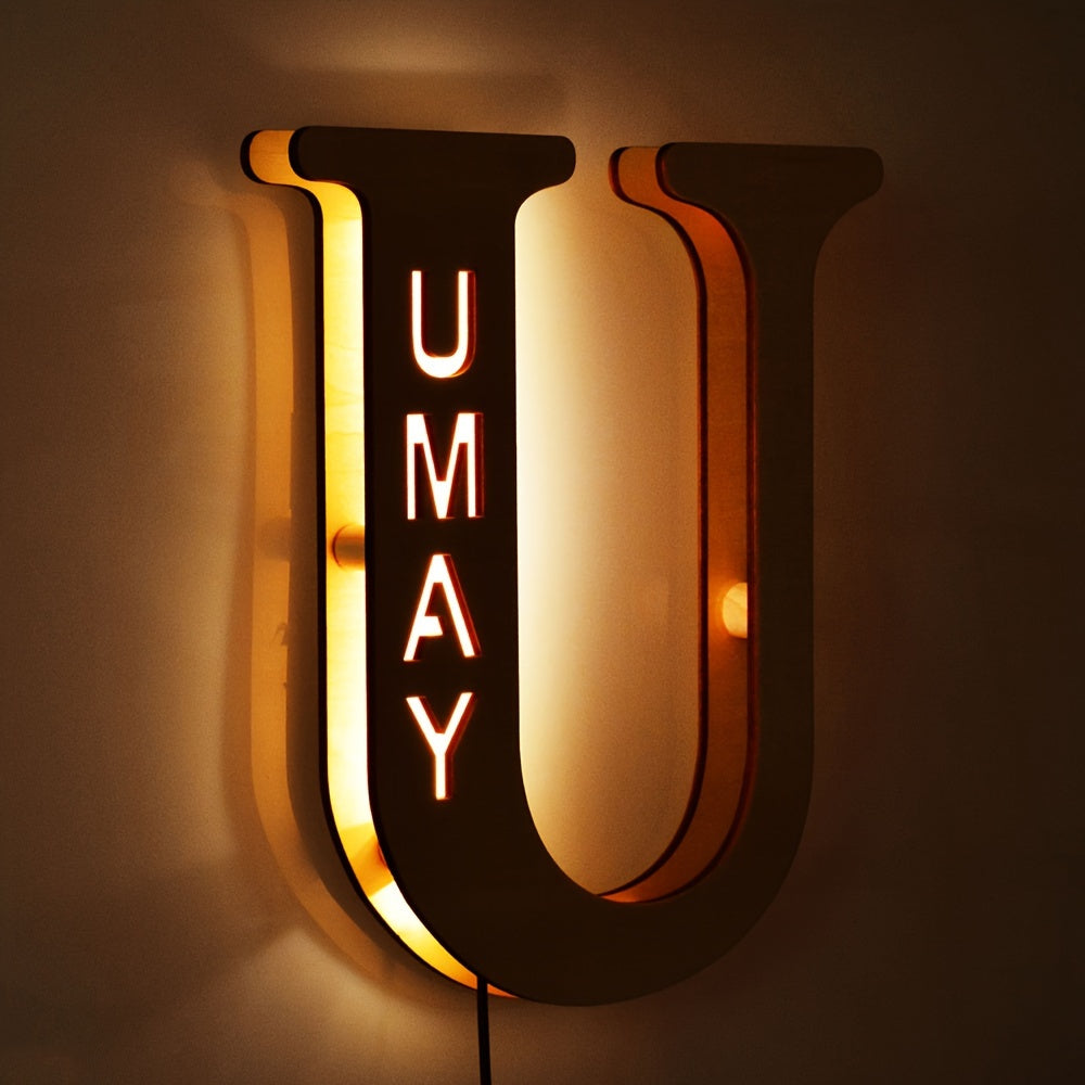 Custom LED letter night light for couples, friends, and family - personalized wooden wall lamp powered by USB. Ideal for bedroom decor with custom uppercase letters.