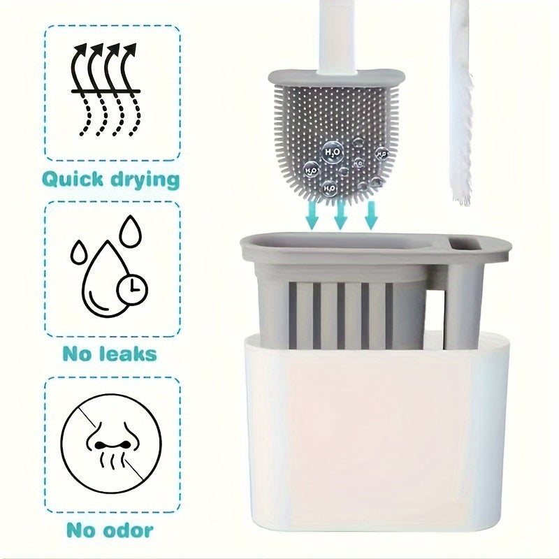 Easy to clean silicone toilet brush set with quick-dry, leak-proof design. Wall-mounted with a long handle for efficient bathroom cleaning. Reusable and medium hardness for a thorough clean. Manual operation, includes toilet brush and holder set.