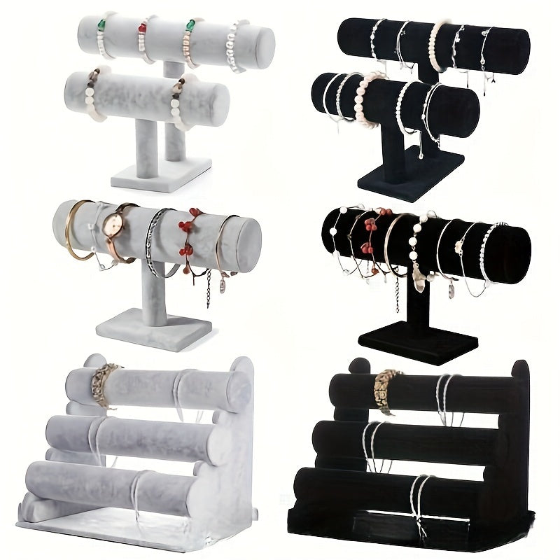 Elegant 3-tier velvet jewelry display stand with wooden base, white marble and black rollers. Multi-level organizer for bracelets, watches, and home decor. Perfect for showcasing in stores or at home. Features elegant design with marble texture.