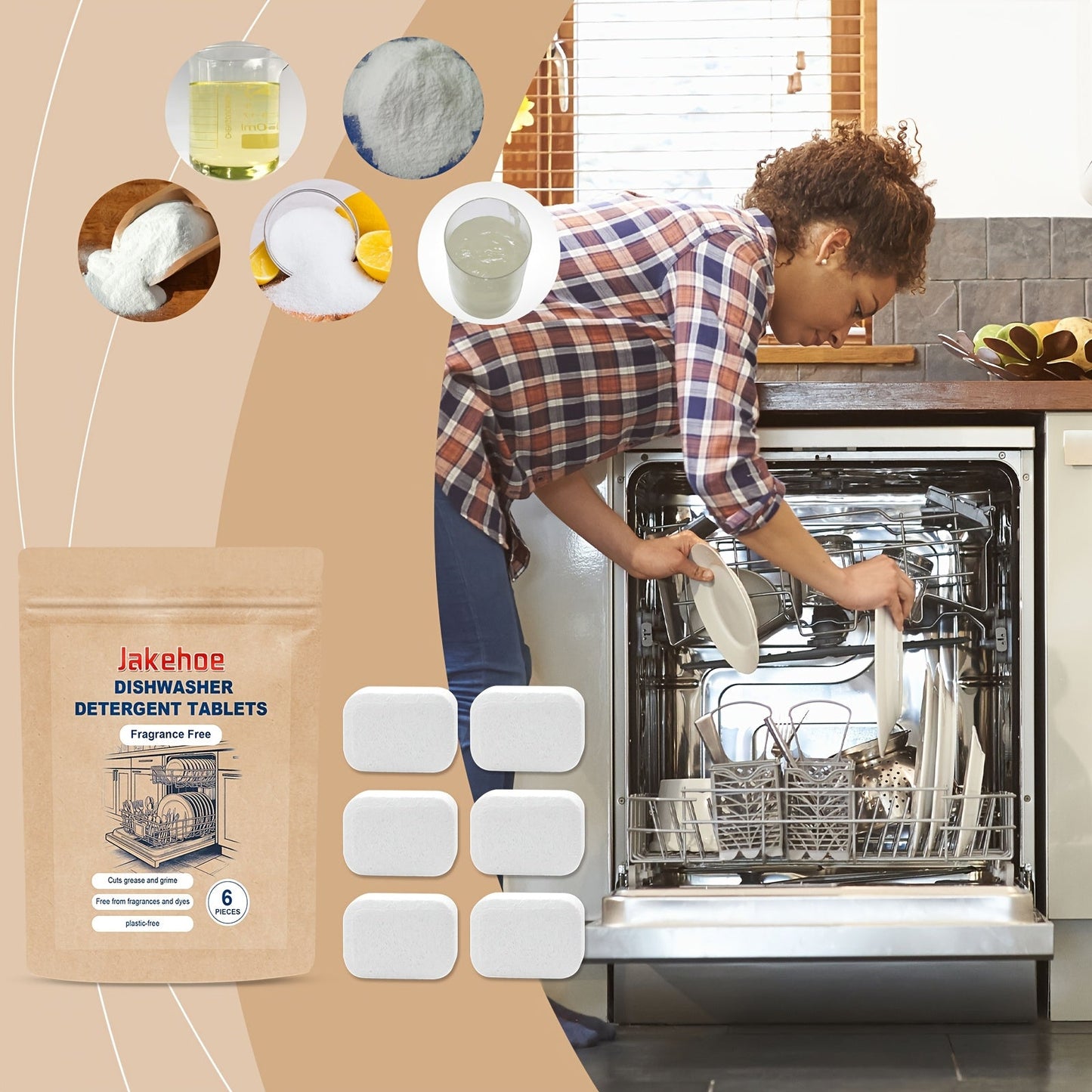 The Jakehoe 6-Count Dishwasher Detergent Tablets are formulated with sodium bicarbonate for safe cleaning of metal surfaces. These tablets provide residue-free cleaning and efficient stain removal while also acting as an odor eliminator. With a capacity