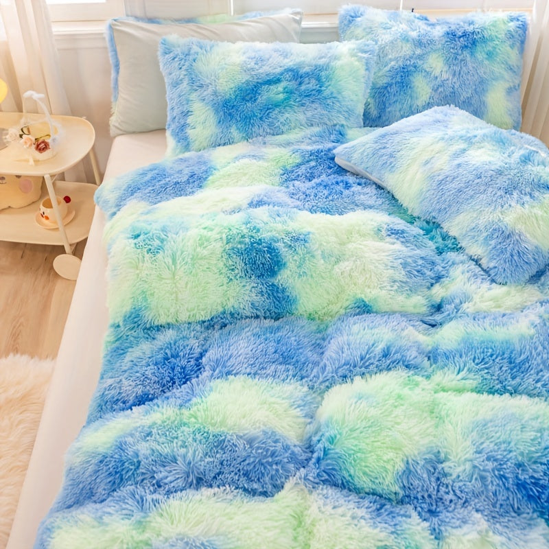 Y2K Tie Dye Plush Duvet Cover Set includes 3 pieces (1 Duvet Cover + 2 Pillowcases), providing soft and warm bedding.