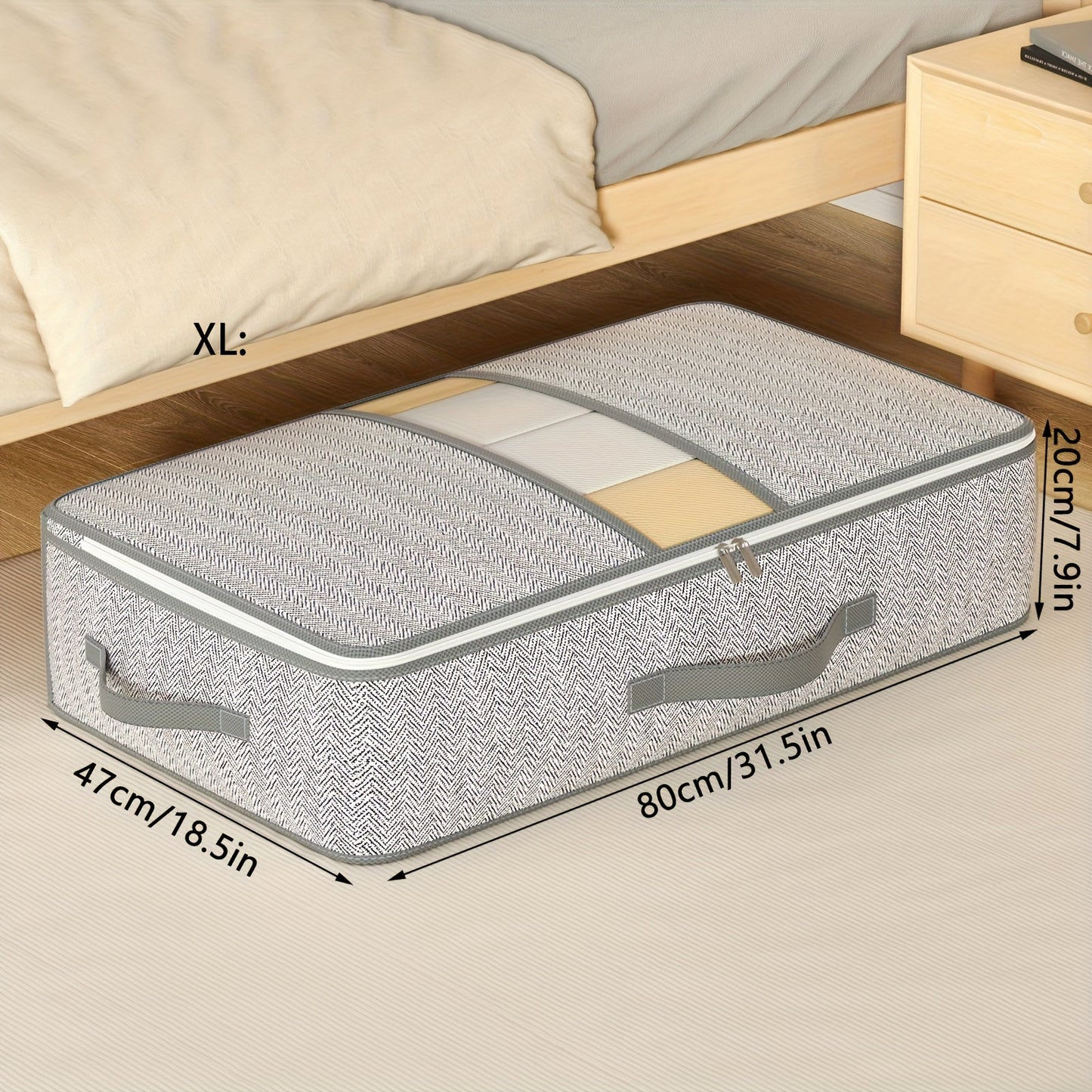 This multifunctional foldable non-woven storage bag in gray arrow design has a large capacity and upgraded large opening visible window. It can be used to store clothes, quilts, and other home supplies. It is suitable for placing in wardrobes, under