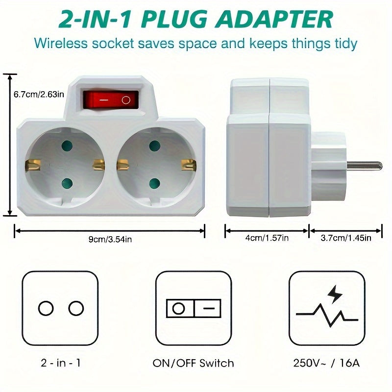 2 European standard outlet adapters with on/off switch, compact design, surge protection, 250V/16A - perfect for travel, home, office, and outdoor use.