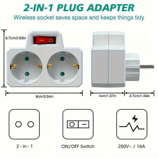 2 European standard outlet adapters with on/off switch, compact design, surge protection, 250V/16A - perfect for travel, home, office, and outdoor use.