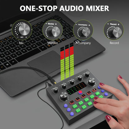 Podcast studio kit with audio interface, mixer, and microphone for high-quality recording. Compatible with PC, laptop, and smartphones. Ideal for podcasting, music production, and live