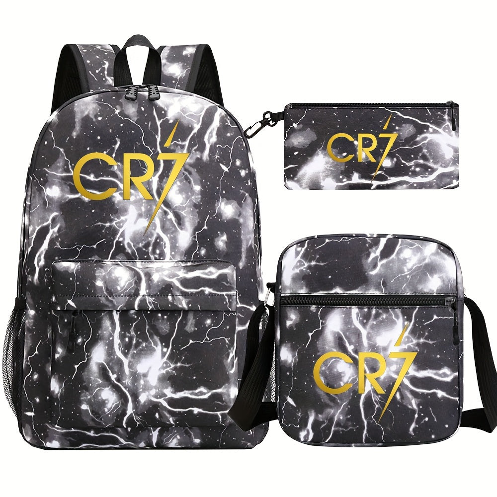 CR7-inspired men's backpack set includes 3 pieces: backpack, crossbody pouch, and pen case. Lightweight and spacious, perfect for school or commuting. Made of durable polyester, hand