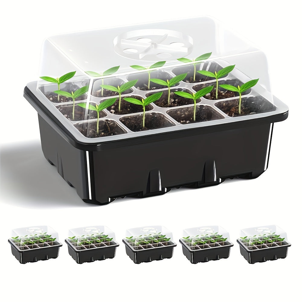 Seed starter trays with elevated lids, 60-cell design, adjustable humidity vent, clear tray for greenhouse/garden use - green.