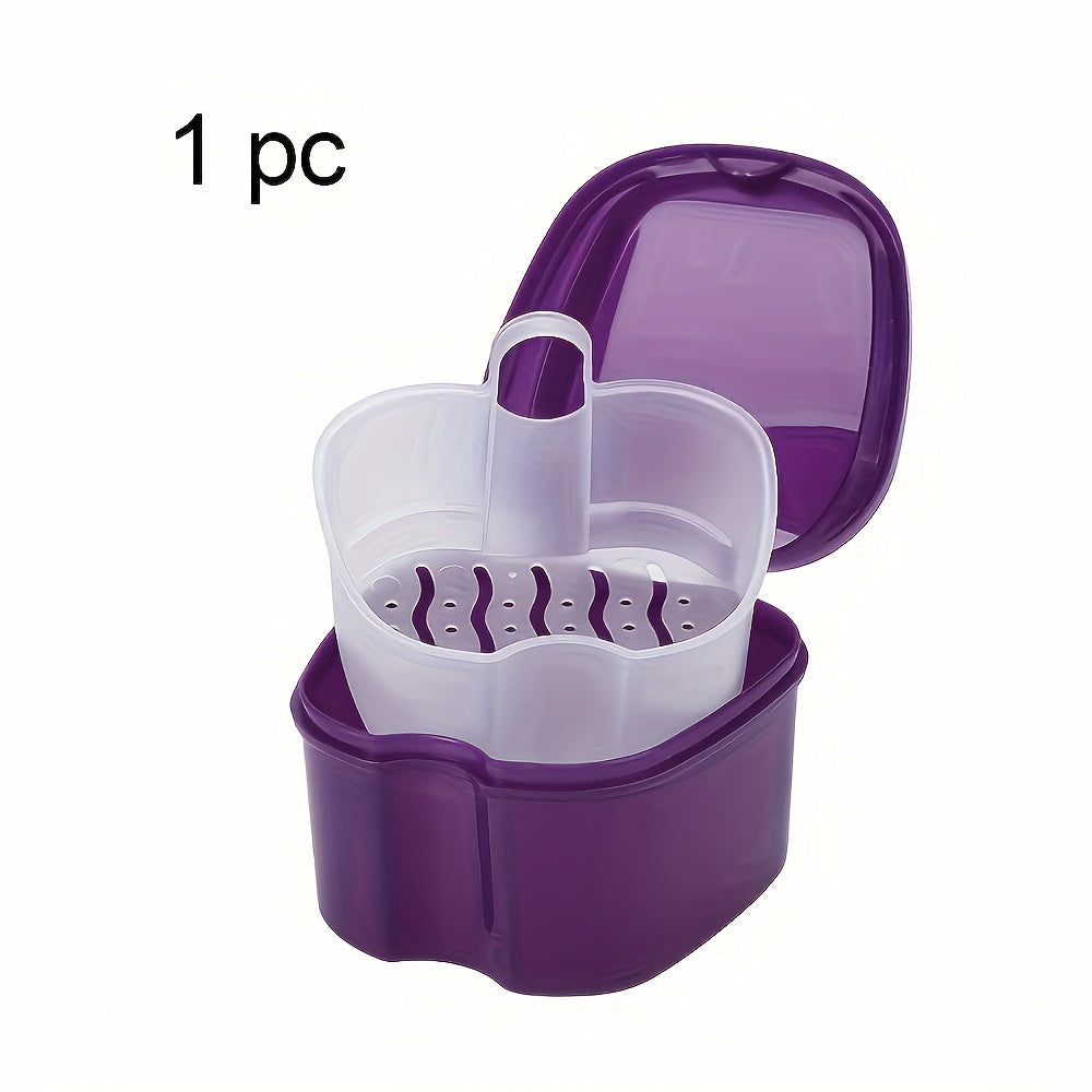 Durable plastic case with built-in brush and filter for complete denture care.