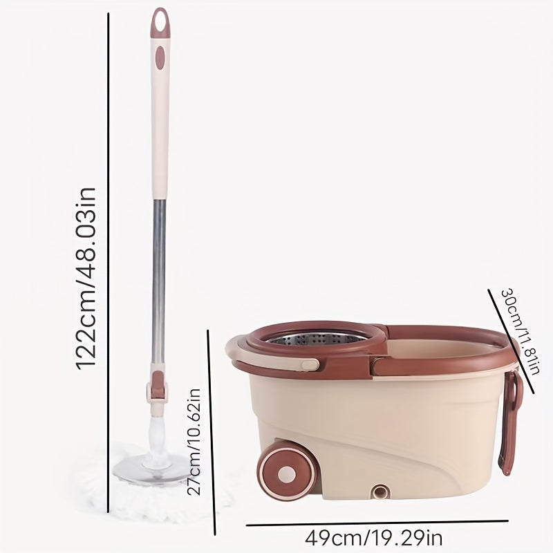 Large capacity 360° rotating spin mop and bucket set with stainless steel handle. This dual-use wet and dry mop features wheels for easy maneuverability and an easy press system for efficient cleaning. Perfect for use indoors and outdoors, no electricity