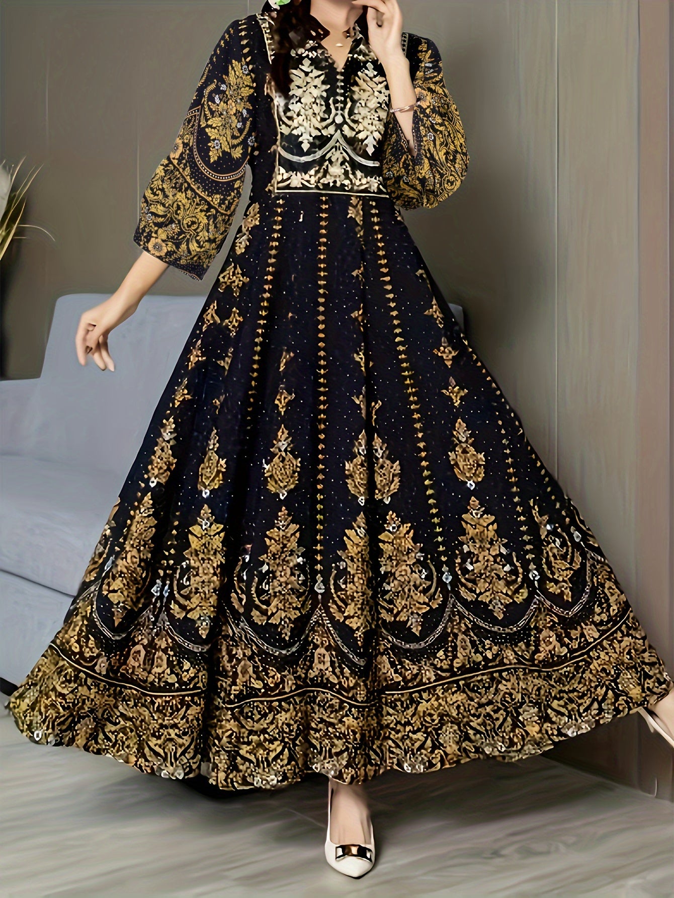 Elegant ethnic floral print maxi dress with V neck and 3/4 sleeves, perfect for vacations.