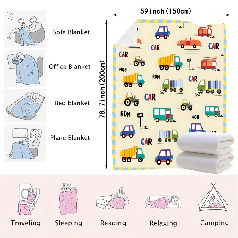 This modern cartoon car and truck print flannel wearable blanket is tear-resistant, soft, and warm. Made from a cozy knit fabric, it's perfect for boys and girls to snuggle up with. The digital print design makes it ideal for napping on beds, sofas, or