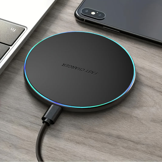 Wireless charging pad with USB-C, LED indicator for mobile phones.