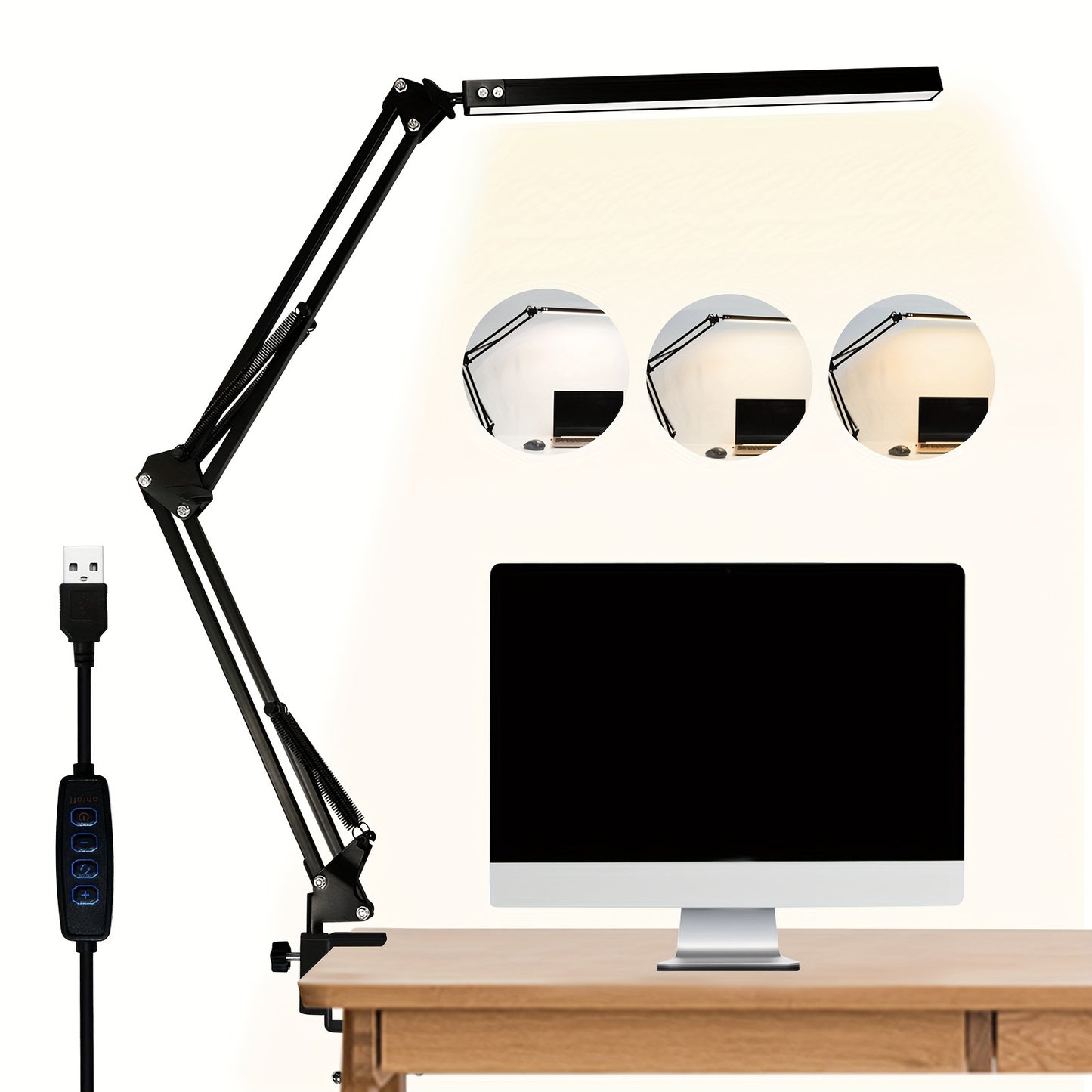 Adjustable LED desk lamp with clip-on base, USB powered, 3 color temperatures & 10 brightness levels. Modern swing arm design for office, reading, and study.