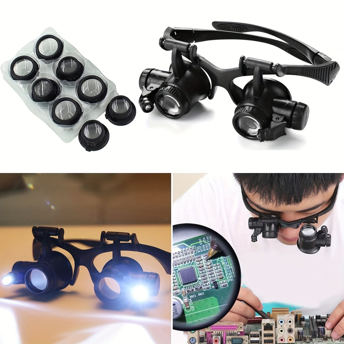 Headband magnifier glasses set with 10X, 15X, 20X, and 25X lenses. Hands-free head-worn loupe visor with LED light for various tasks. Battery powered with non-rechargeable button batteries.