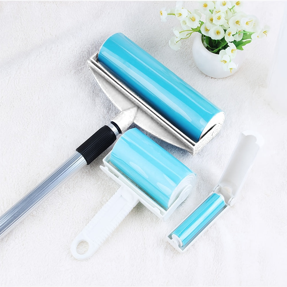 3-piece extendable mop-style long-handle lint roller set for carpet and clothing, washable handheld pet hair remover.